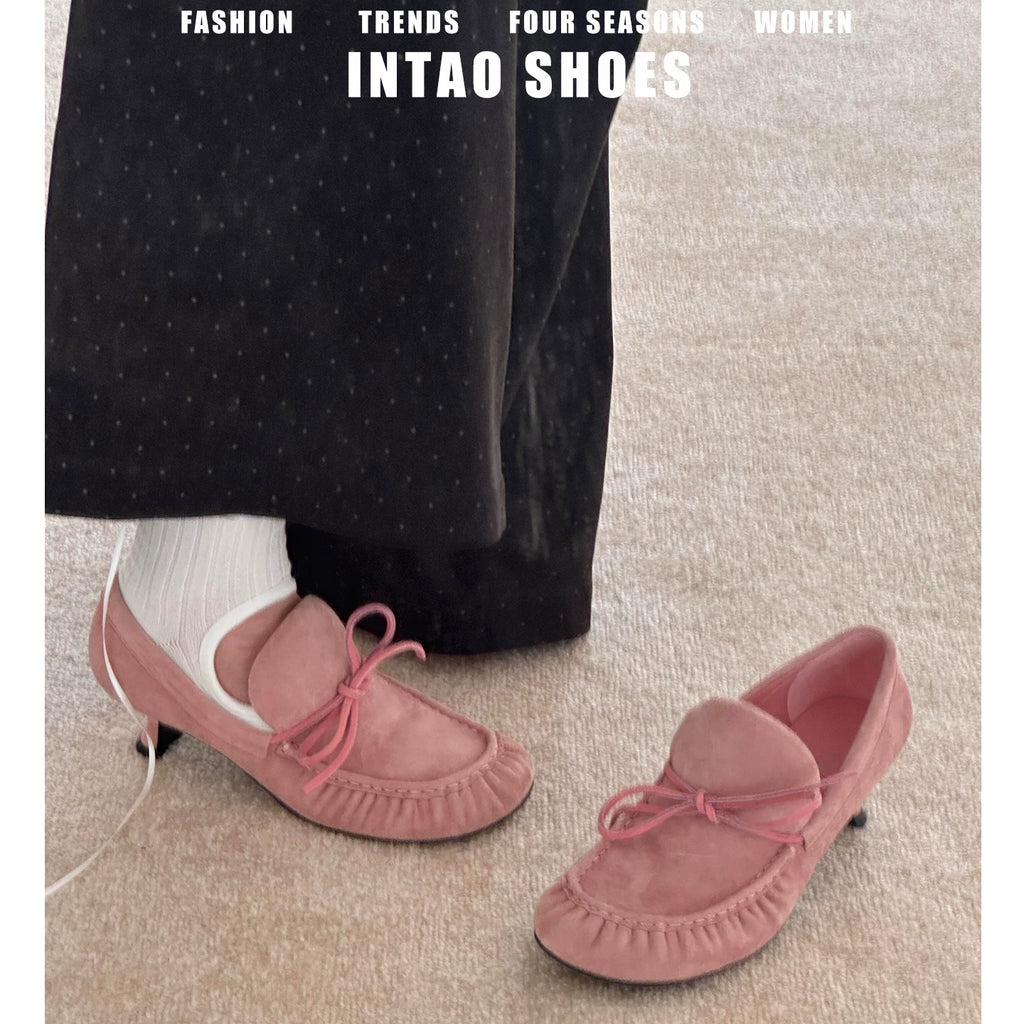 INTAO French Ballet Thick Heel Bow Shoes