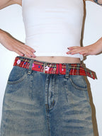 Darkblue Store Red Flower Stitching Punch-Free Plaid Belt