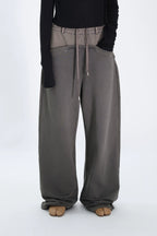 FUZZYKON Loose Old Splicing Double Waist Sweatpants