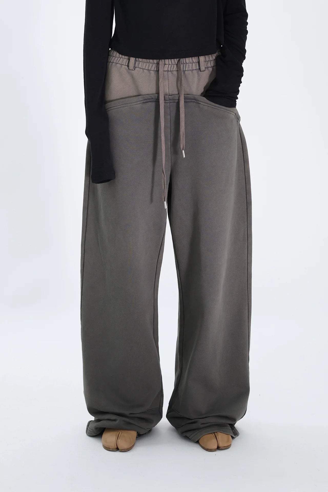 FUZZYKON Loose Old Splicing Double Waist Sweatpants
