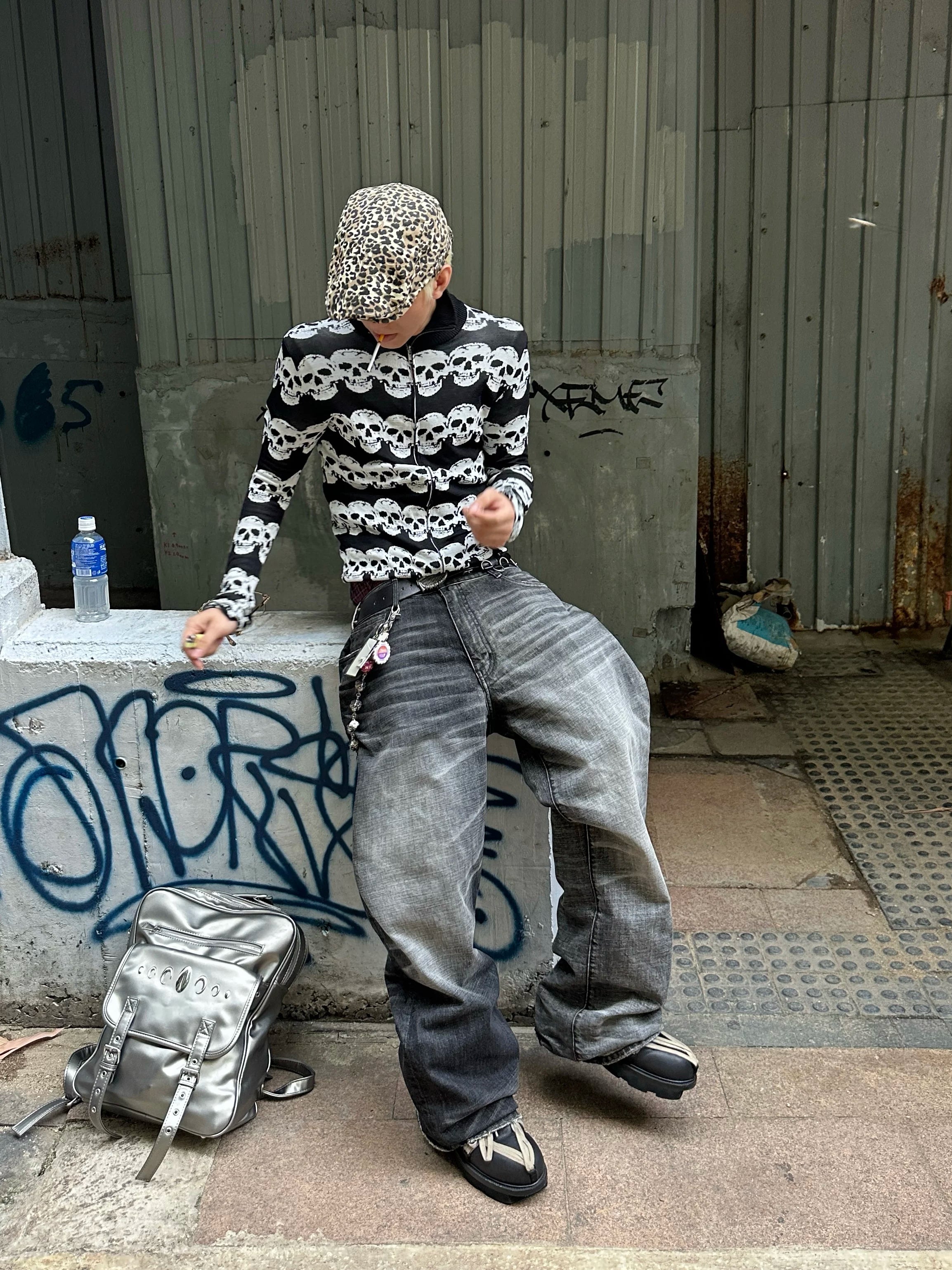 noEmosen Black White Skull Jacquard Wool Cardigan Jacket