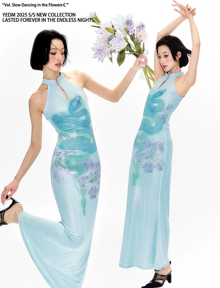 YEDM Blue Snake Print Neck Cheongsam Dress