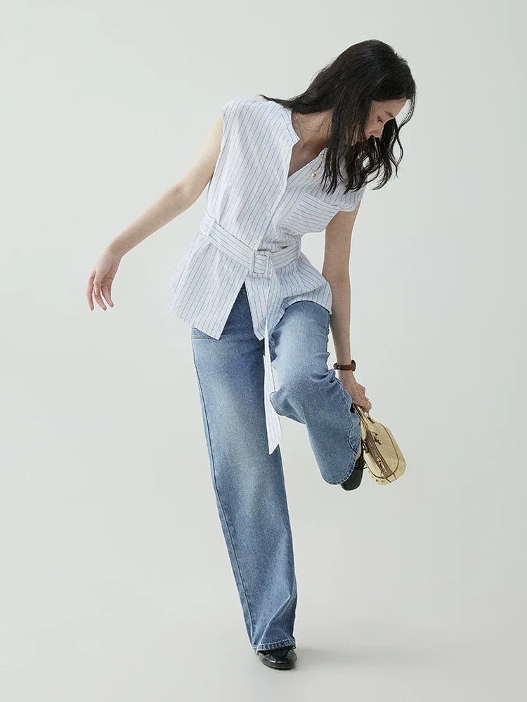 VOOE Temperament Pure Cotton Thin Belt Shirt