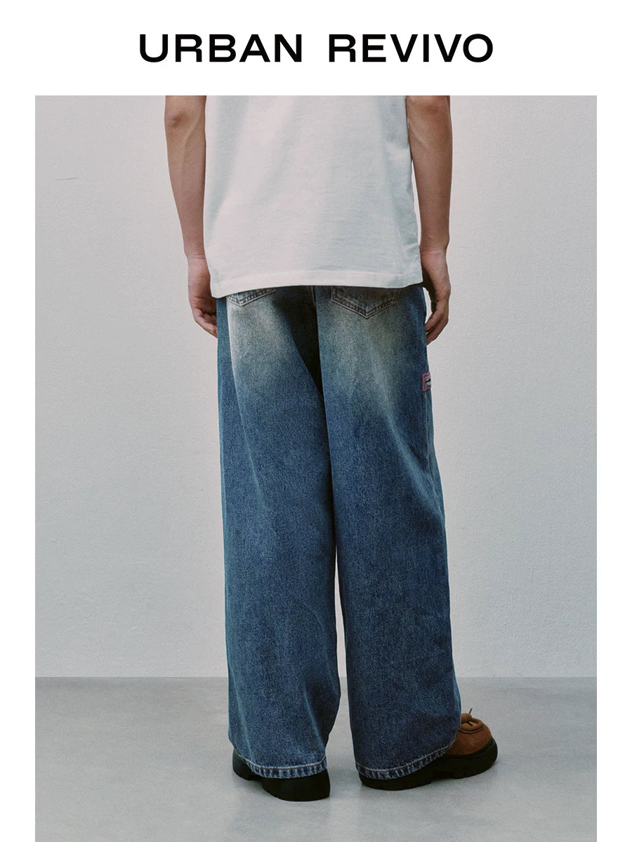 Urban Revivo Men's Contrast Embroidered Wide Leg Jeans