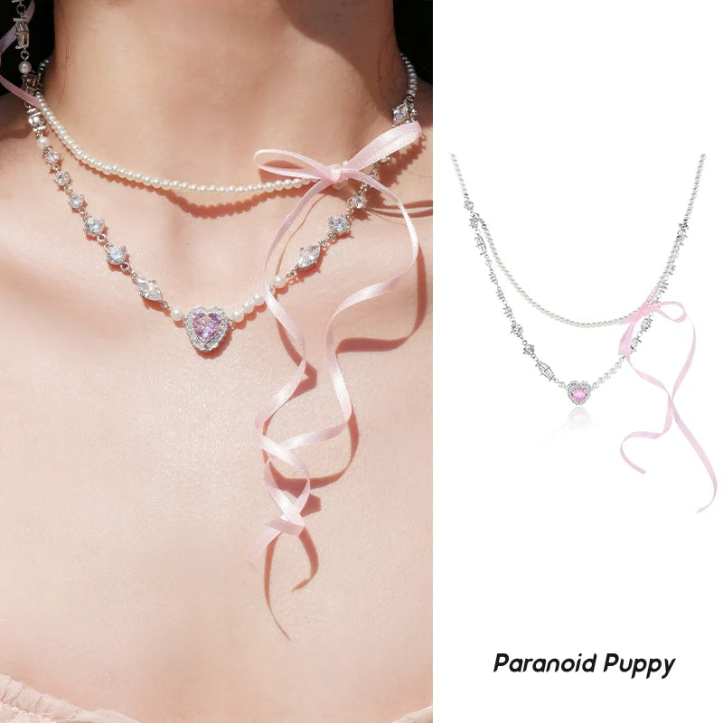 PP Streamer Bow Pearl Love Necklace