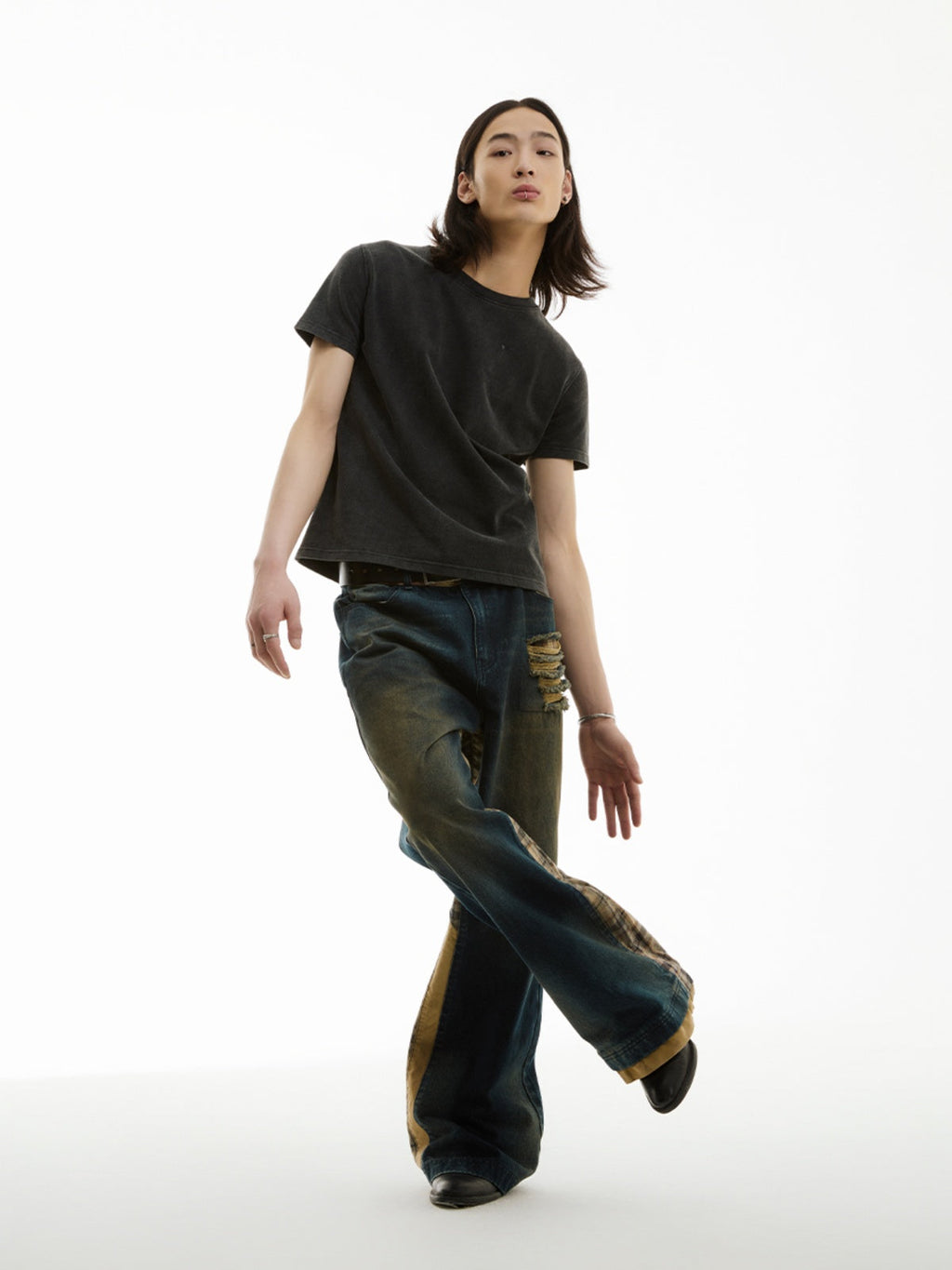 FUNKYFUN Washing Water Ripped Splicing Plaid Retro Jeans