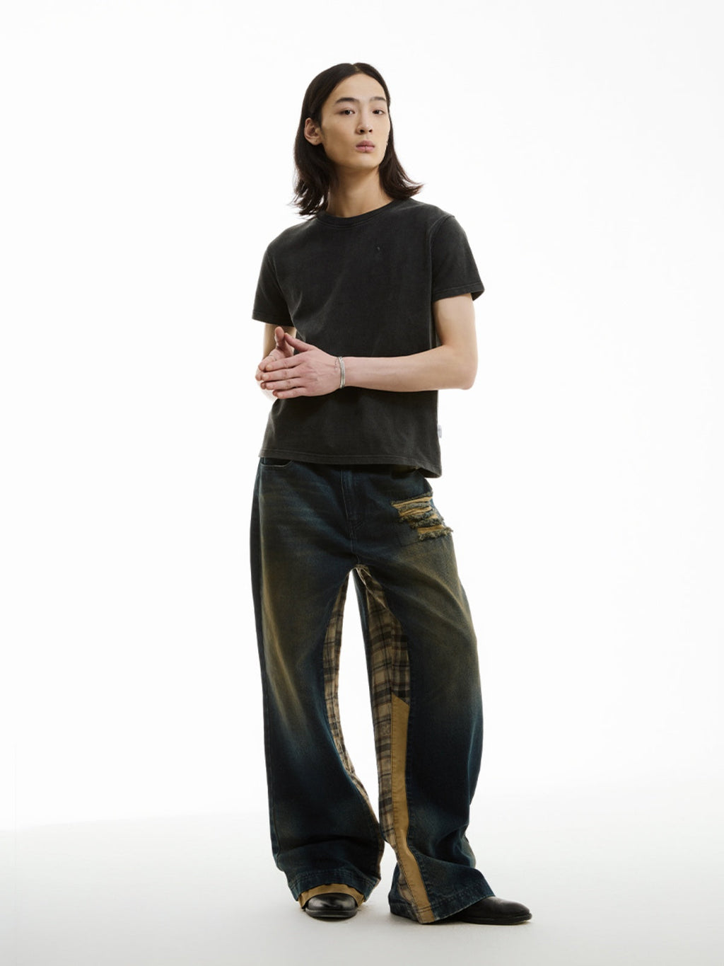 FUNKYFUN Washing Water Ripped Splicing Plaid Retro Jeans