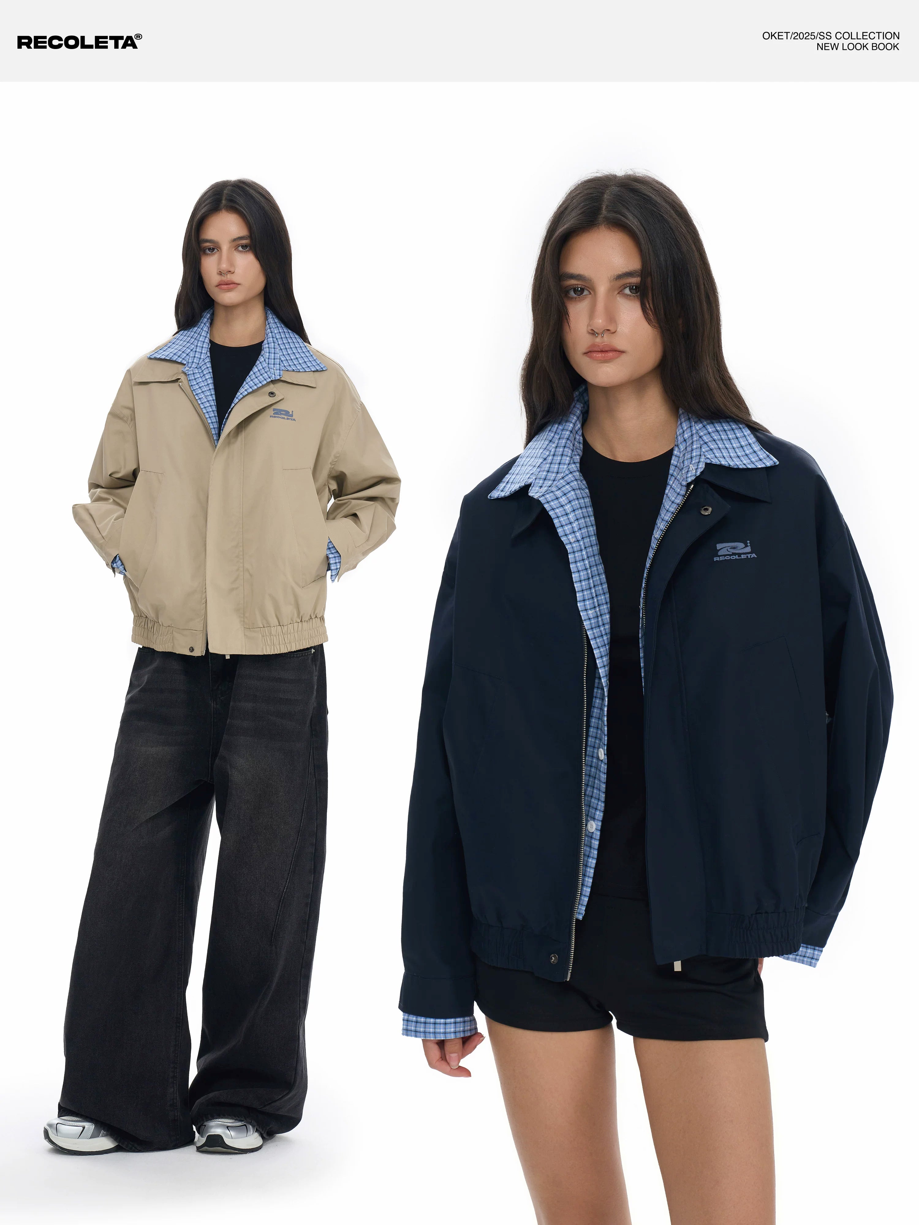 RECOLETA Plaid Spliced Fake Two Piece Cardigan Jacket