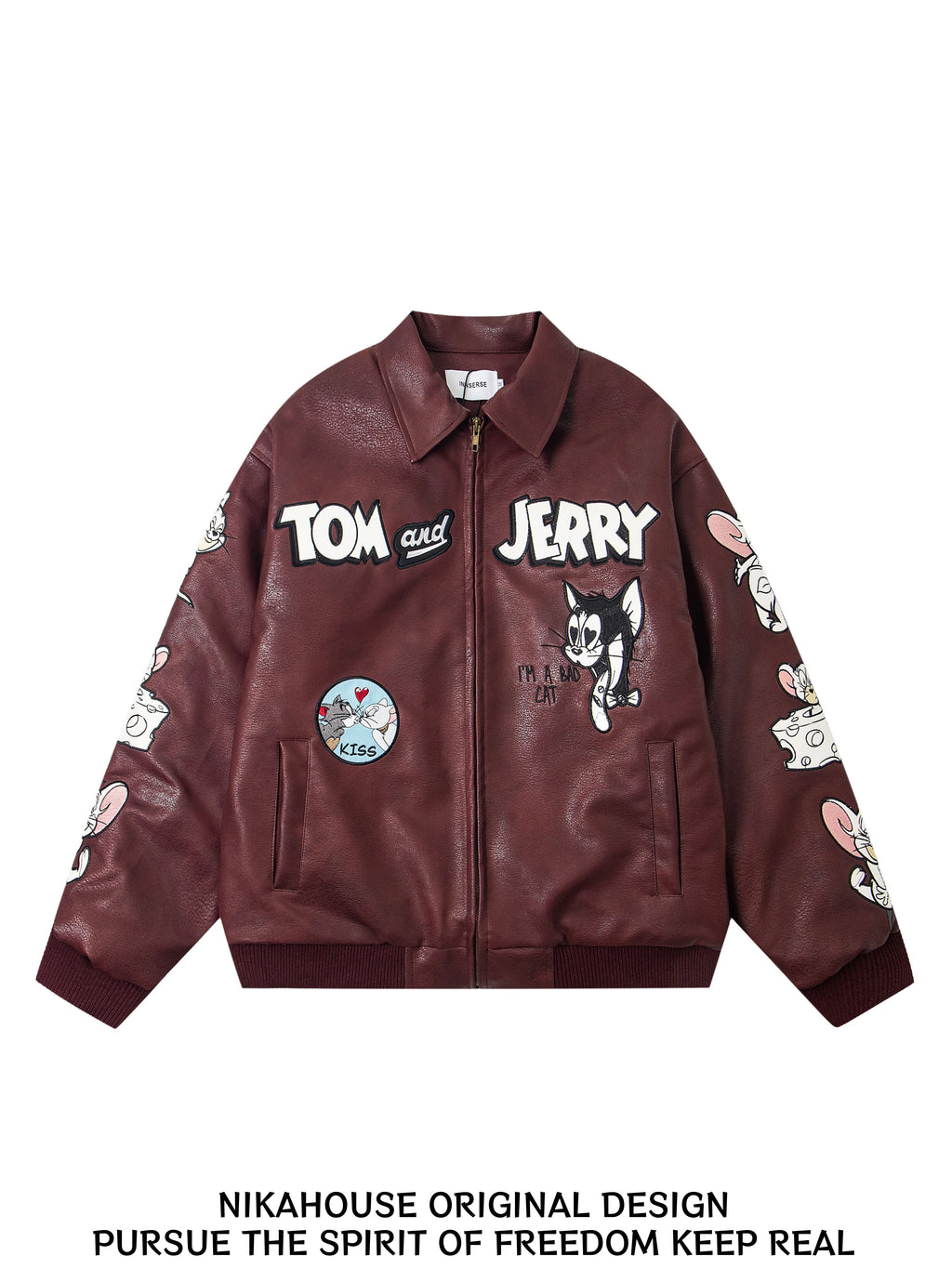 NIKAHOUSE Embroidered Cat Mouse Motorcycle Leather Jacket