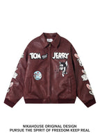 NIKAHOUSE Embroidered Cat Mouse Motorcycle Leather Jacket