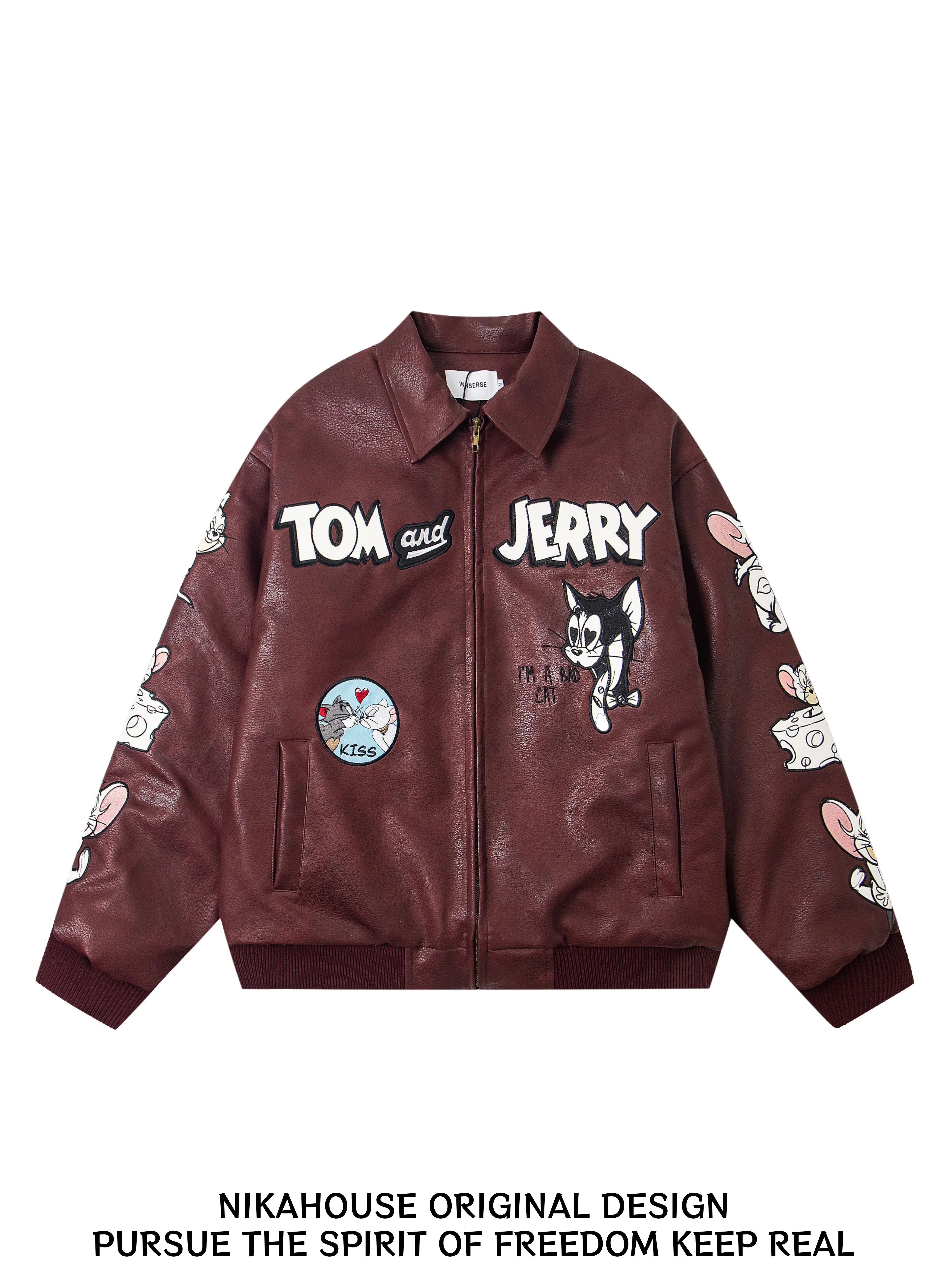 NIKAHOUSE Embroidered Cat Mouse Motorcycle Leather Jacket