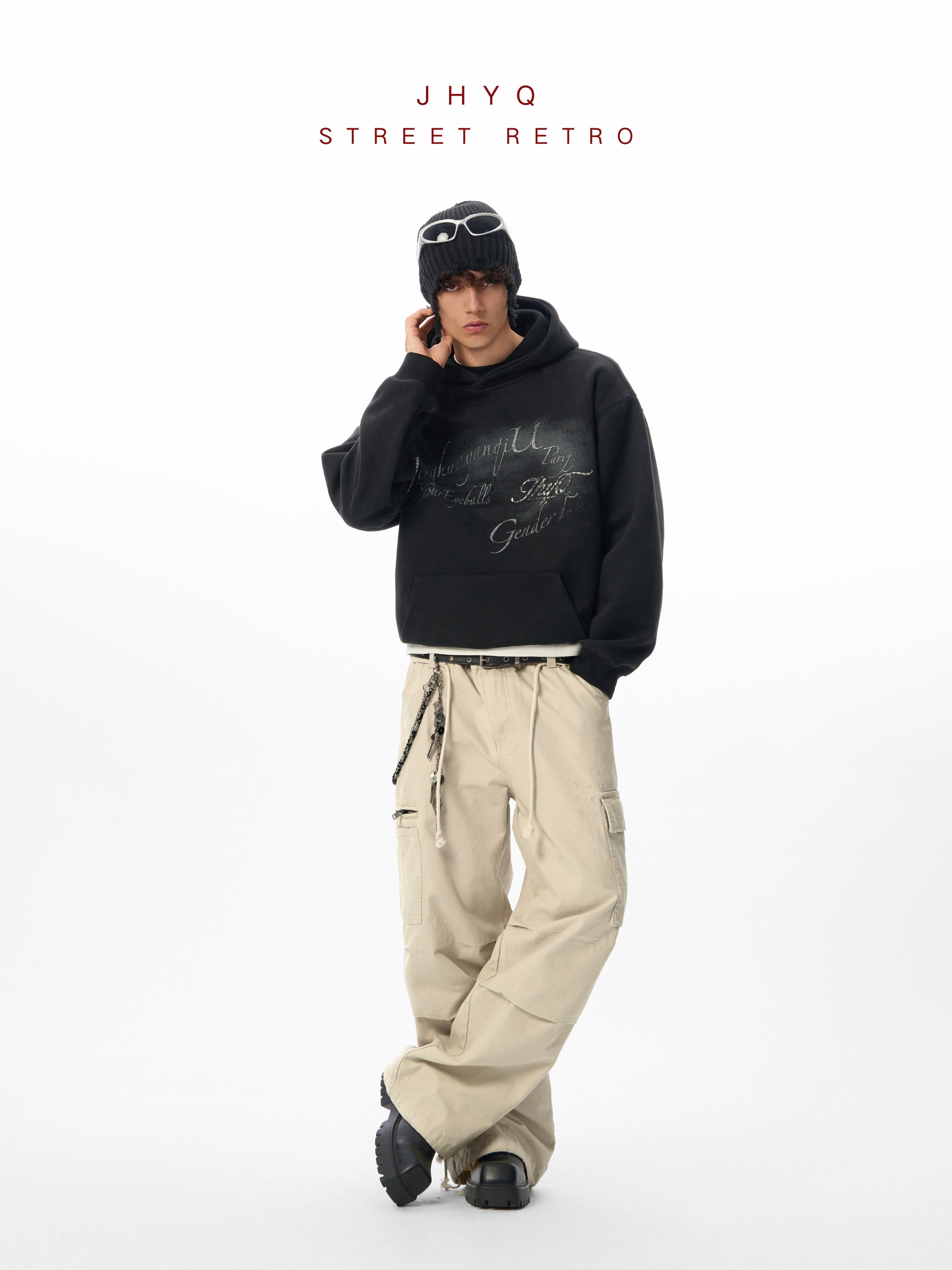 JHYQ Retro Letter Print Loose Hoodie