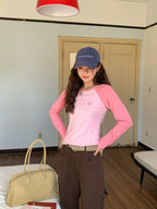 CCKOK Wheat Ear Embroidery Contrast Long Sleeve Top