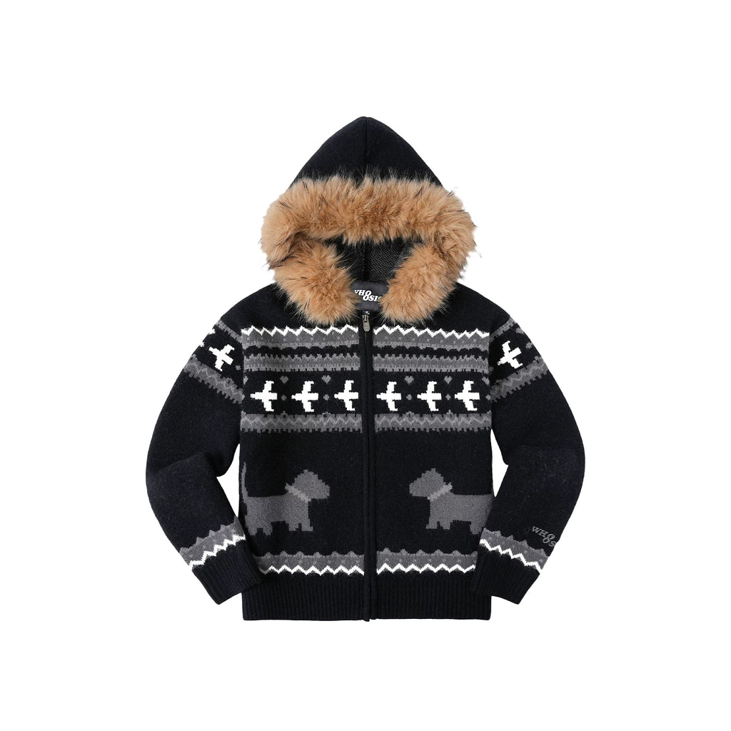 WHOOSIS Fair Isle Fur Collar Knitted Jacket
