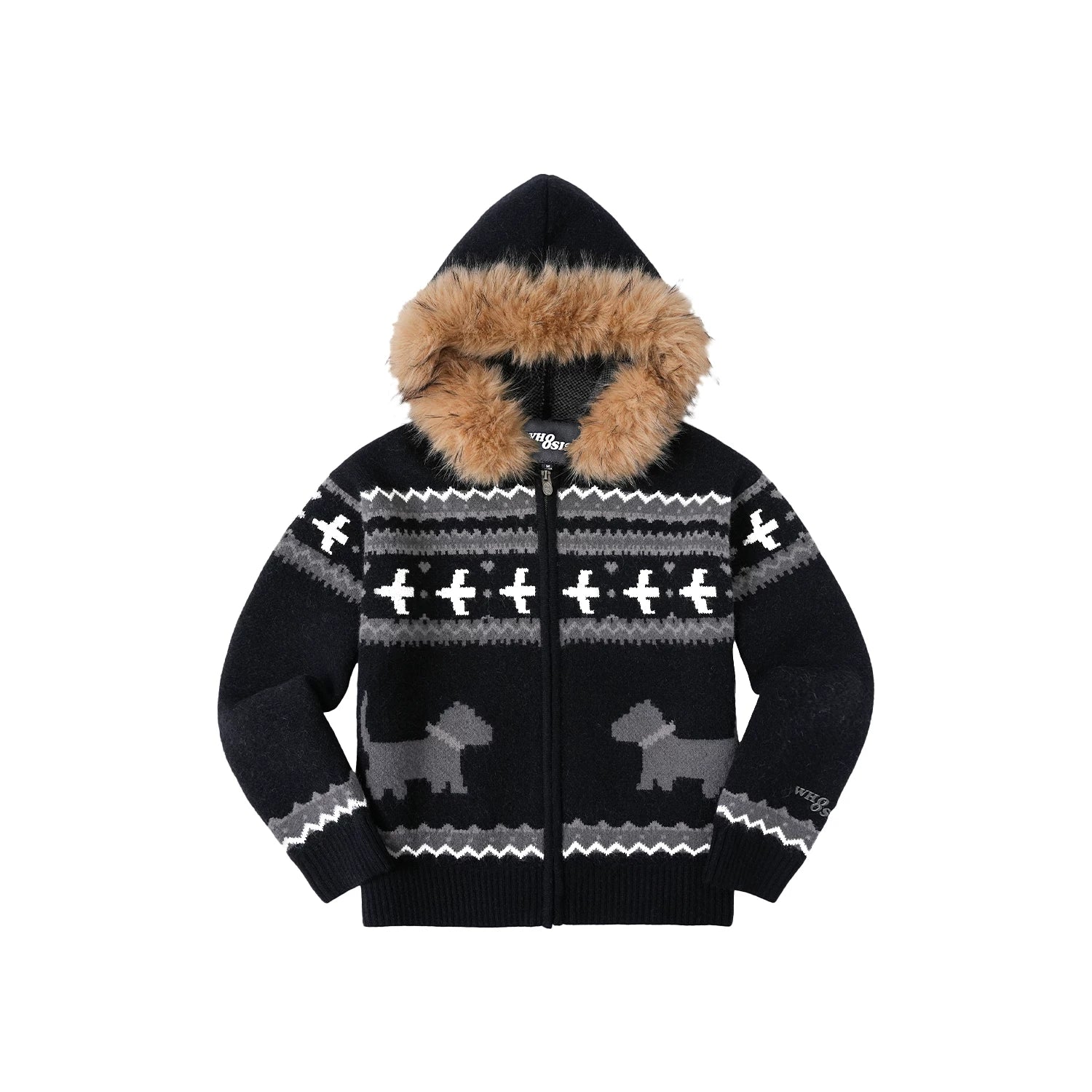 WHOOSIS Fair Isle Fur Collar Knitted Jacket