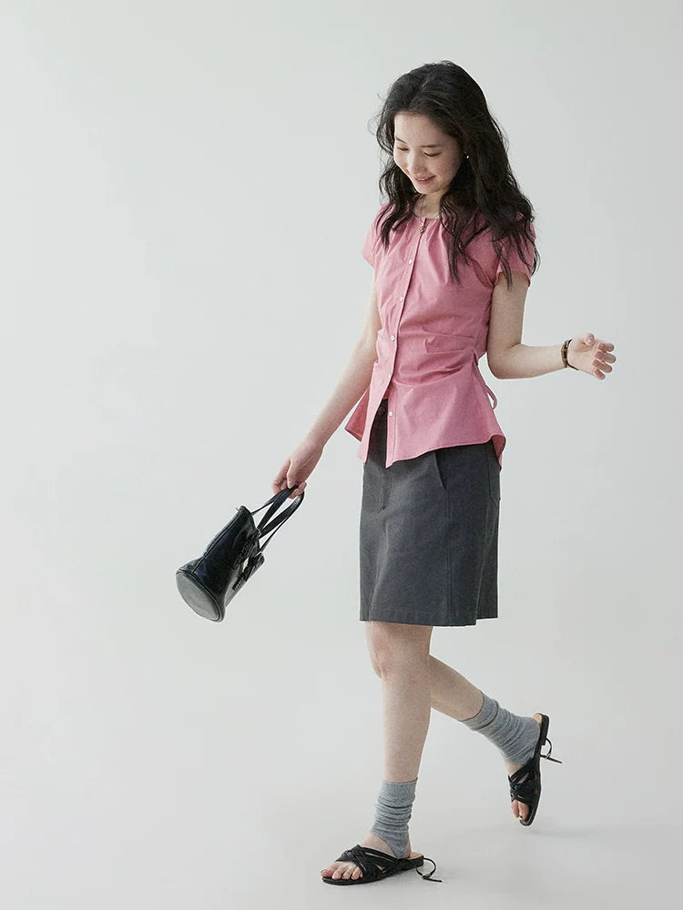 VOOE Waist Pleated Strap Slim-fit Shirt