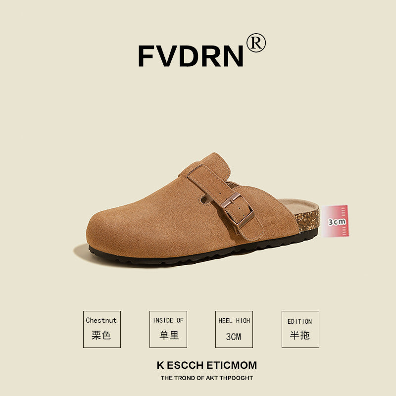 FVDRN Genuine Leather Cork Sole Clog Slippers