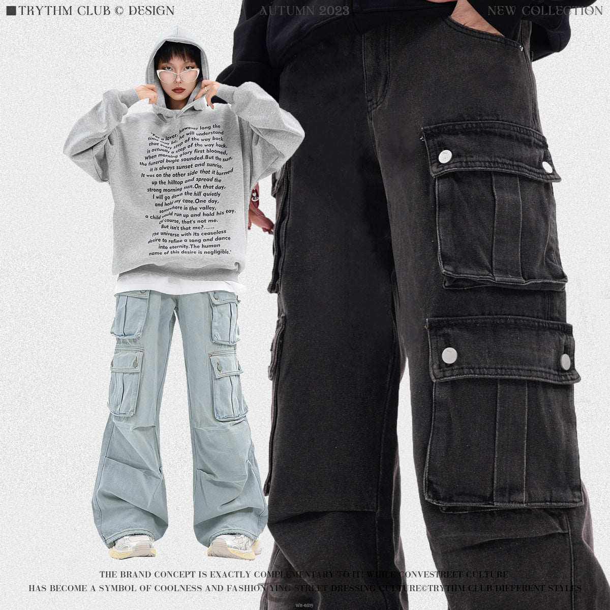 TRYTHMCLUB Vintage Wide Leg Straight Loose Multi-Pocket Jeans