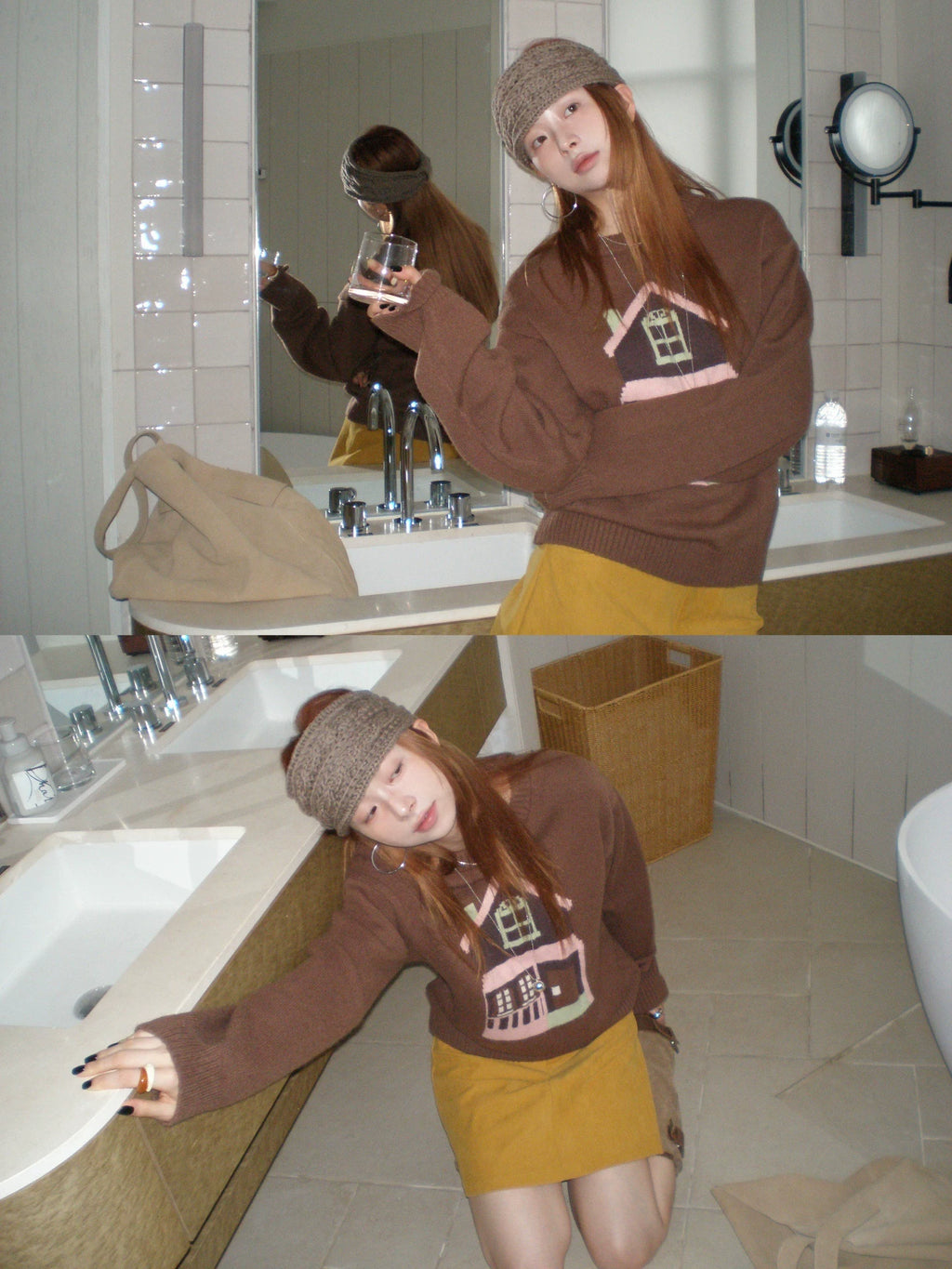 CCKOK Color Block Jacquard Round Neck Sweater