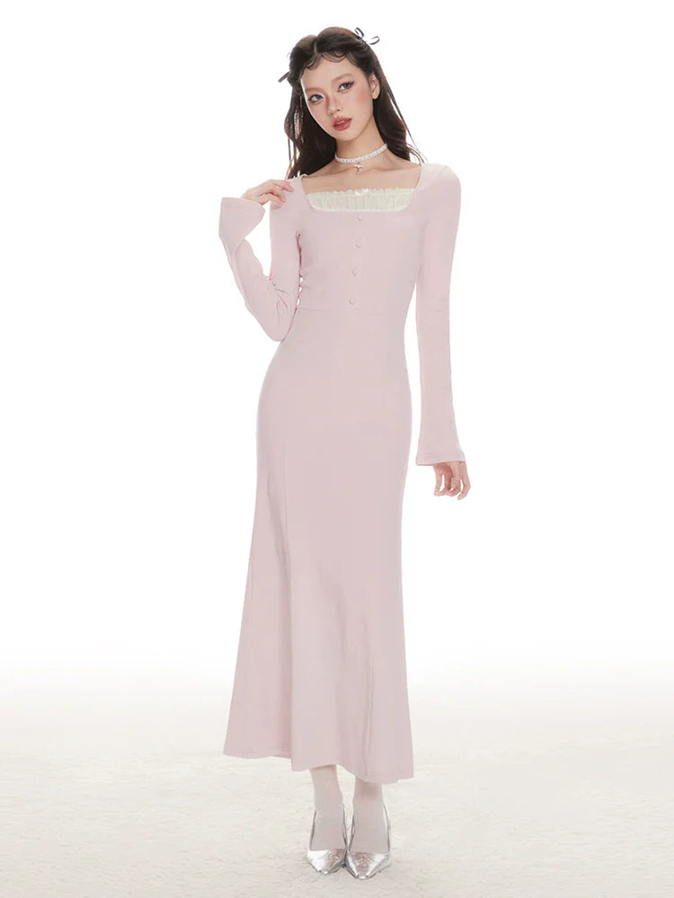 IMONE Vintage Lace Square Neck Knitted Dress