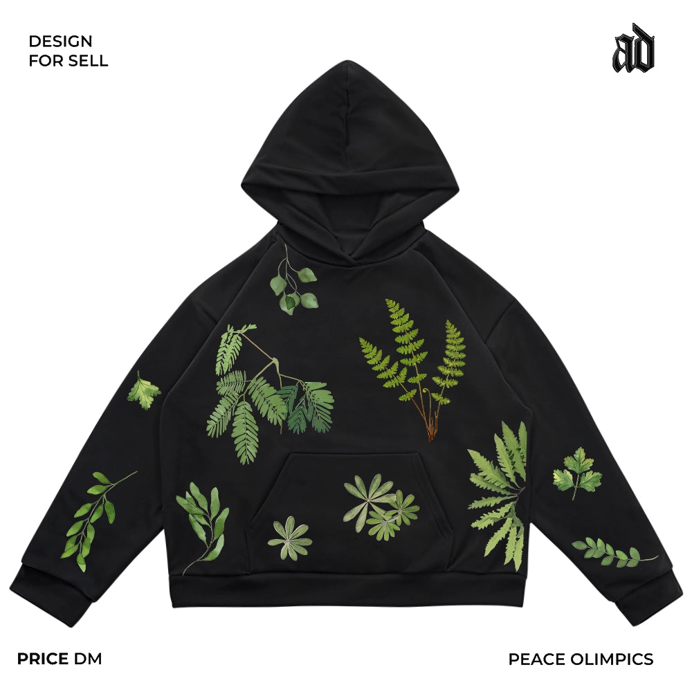 Artist Series Plant Print Retro Hooded Sweatshirt
