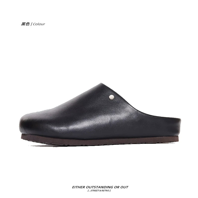 SHENLV STUDIO Black Simple Thick-bottomed Half-mop Outer Leather Slippers