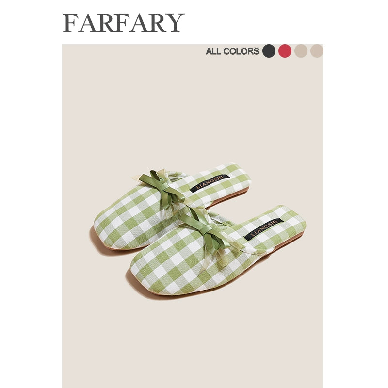 Farfary Houndstooth Bow Half Slippers
