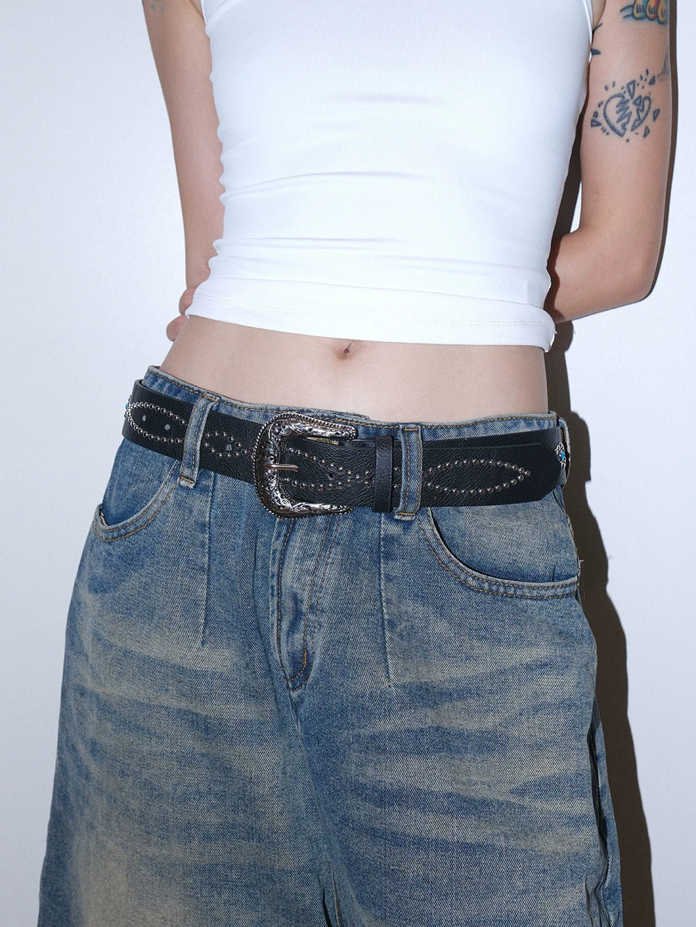 Darkblue Store Retro White Rivet Gem Inlaid Belt