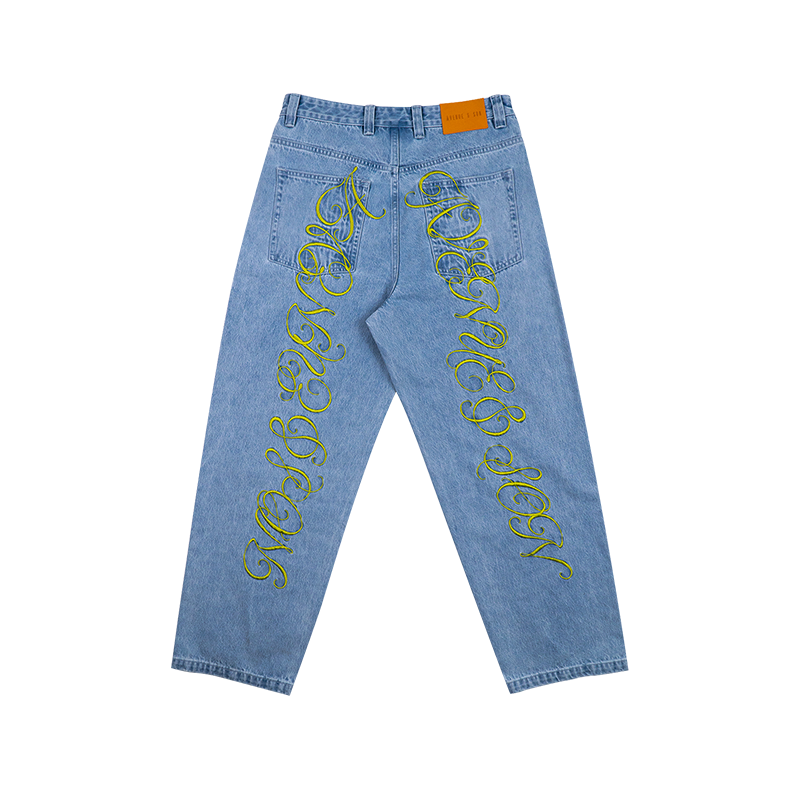 AVENUESON Two Color Heavy Embroidery Straight Wide Leg Jeans