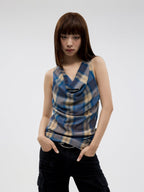FUNKYFUN Vintage Plaid Pleated Sleeveless Vest