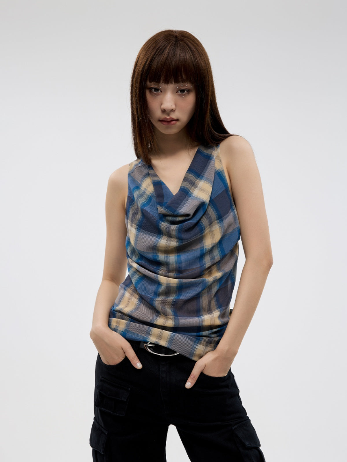 FUNKYFUN Vintage Plaid Pleated Sleeveless Vest