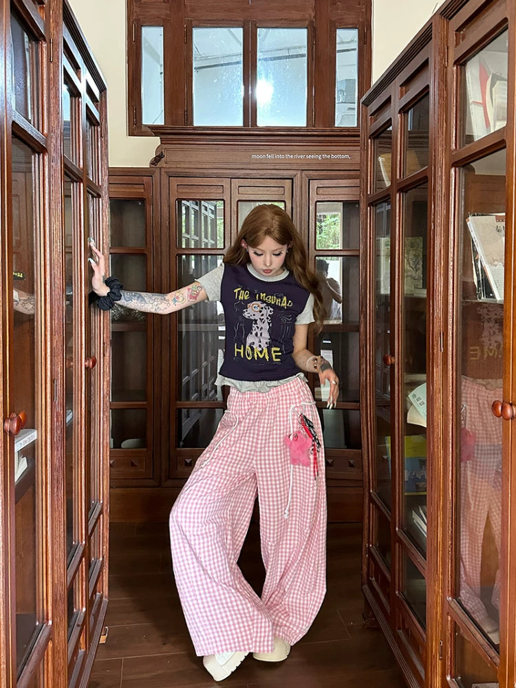 SIXMINU Sweet Scimitar Plaid Wide Leg Pants