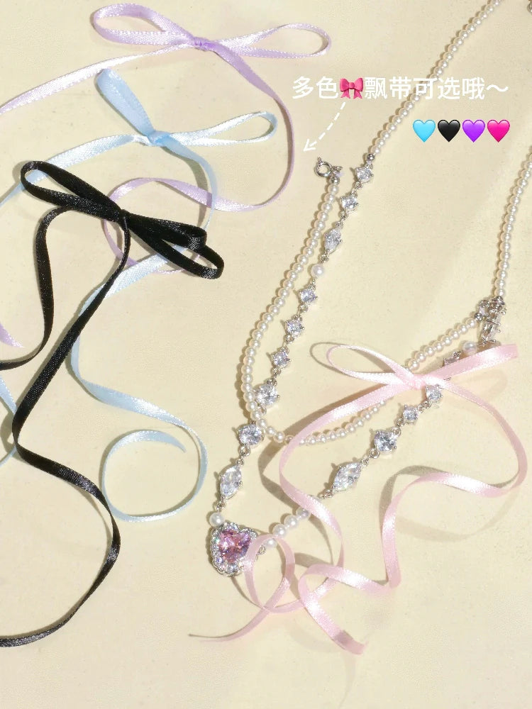 PP Streamer Bow Pearl Love Necklace