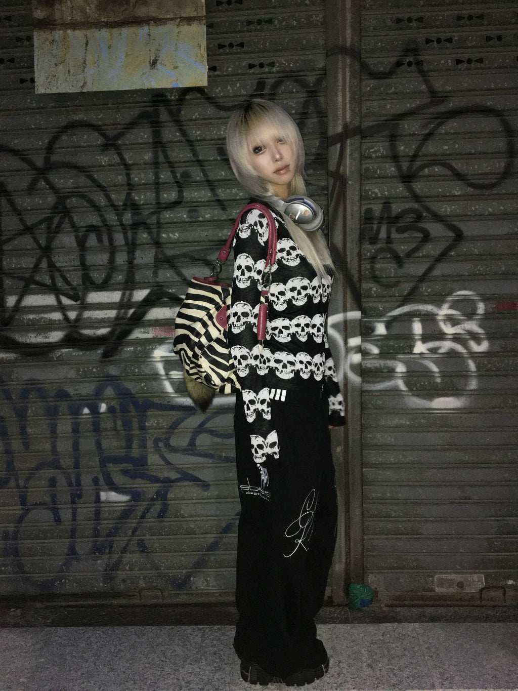 noEmosen Black White Skull Jacquard Wool Cardigan Jacket