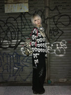 noEmosen Black White Skull Jacquard Wool Cardigan Jacket