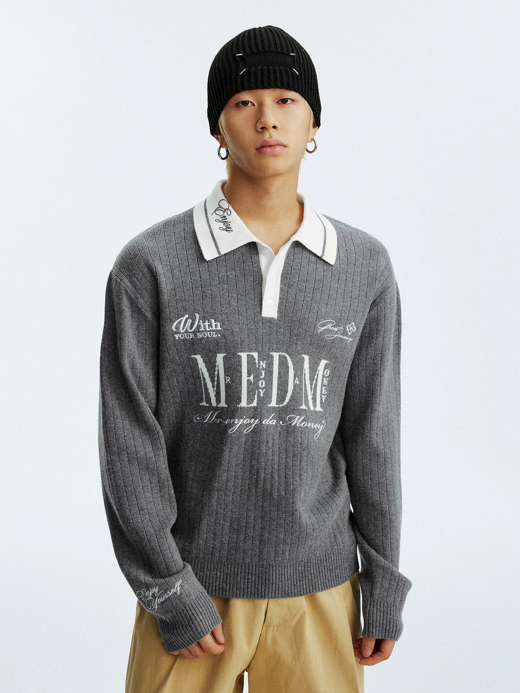 MEDM Contrasting Casual Monogram Embroidered Lapel Knit