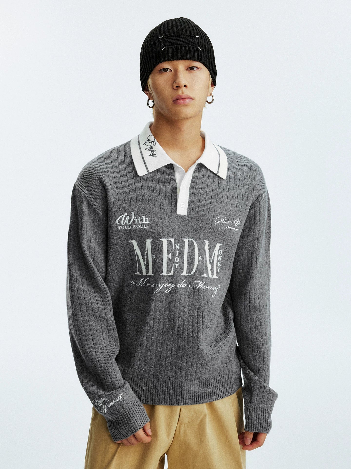MEDM Contrasting Casual Monogram Embroidered Lapel Knit
