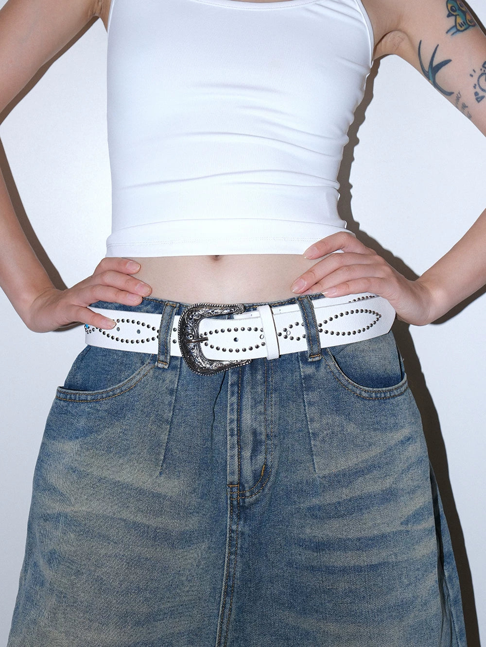 Darkblue Store Retro White Rivet Gem Inlaid Belt