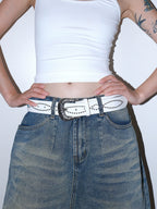 Darkblue Store Retro White Rivet Gem Inlaid Belt