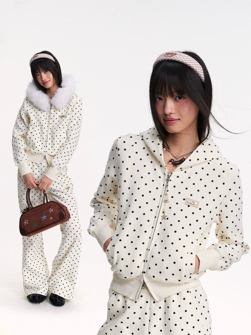 Mr. Jiangnan NewJNXS Polka Dot Detachable Fur Collar Cropped Cardigan Sweatshirt Set