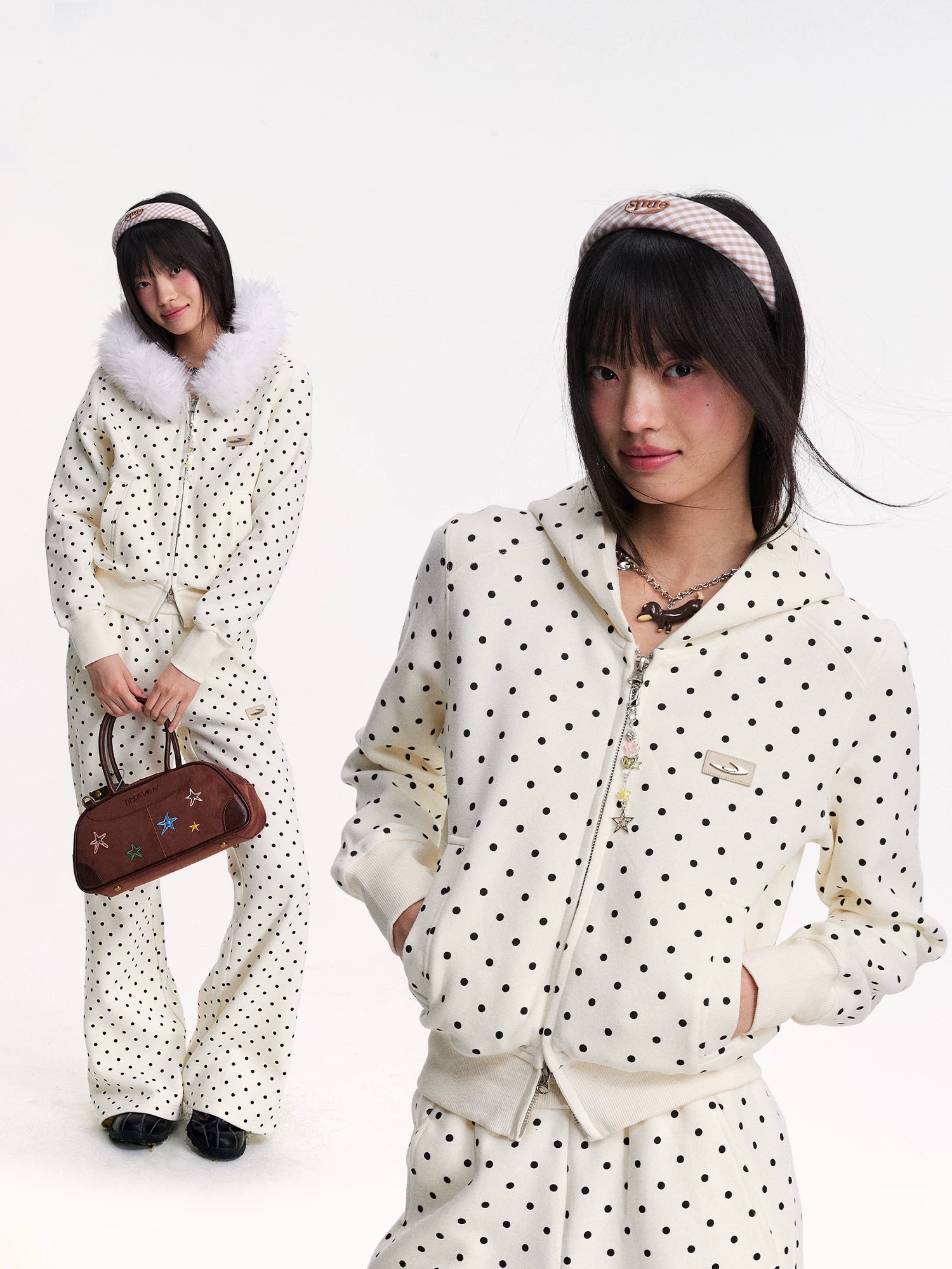 Mr. Jiangnan NewJNXS Polka Dot Detachable Fur Collar Cropped Cardigan Sweatshirt Set