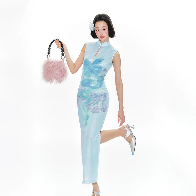 YEDM Blue Snake Print Neck Cheongsam Dress