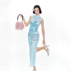 YEDM Blue Snake Print Neck Cheongsam Dress