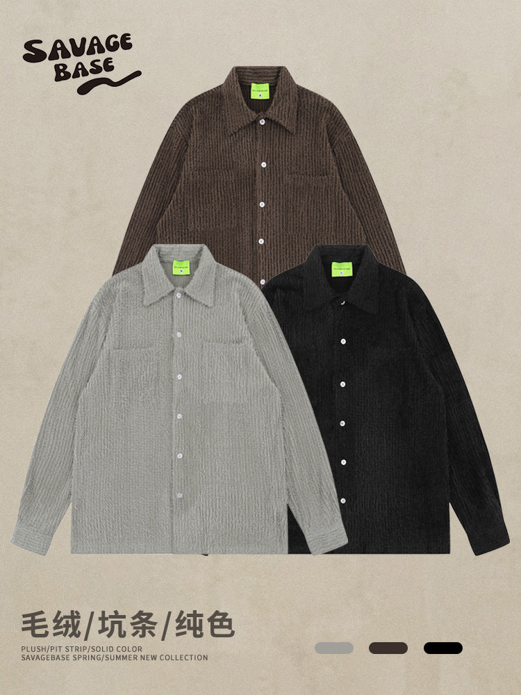 American Vertical Striped Textured Lapel Long-Sleeve Shirt