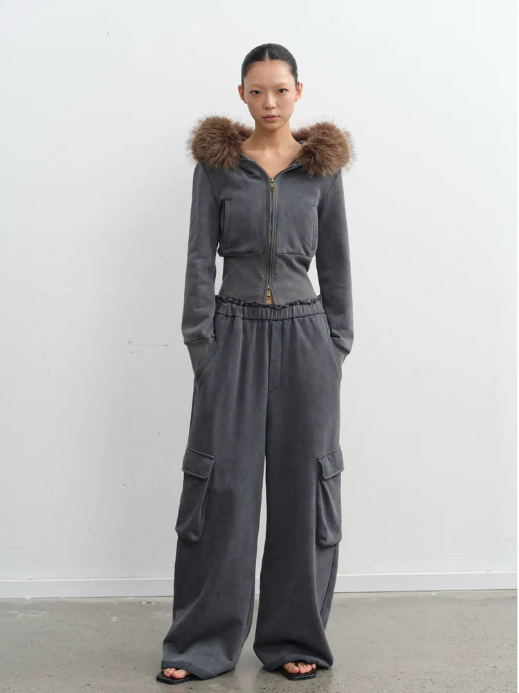 LINY LIBERTY Removable Fur Collar Short Sweater Casual Sweatpants Set