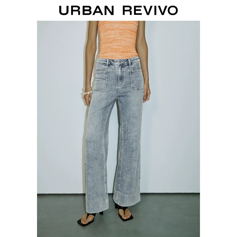 URBAN REVIVO Wave Hipster Retro Washed Bag Slightly Pulled Jeans