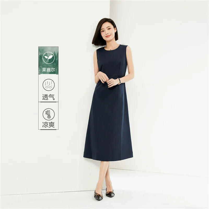 Giordano Minimalist Pleated Round Neck Sleeveless Dress