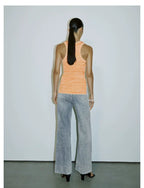 URBAN REVIVO Wave Hipster Retro Washed Bag Slightly Pulled Jeans