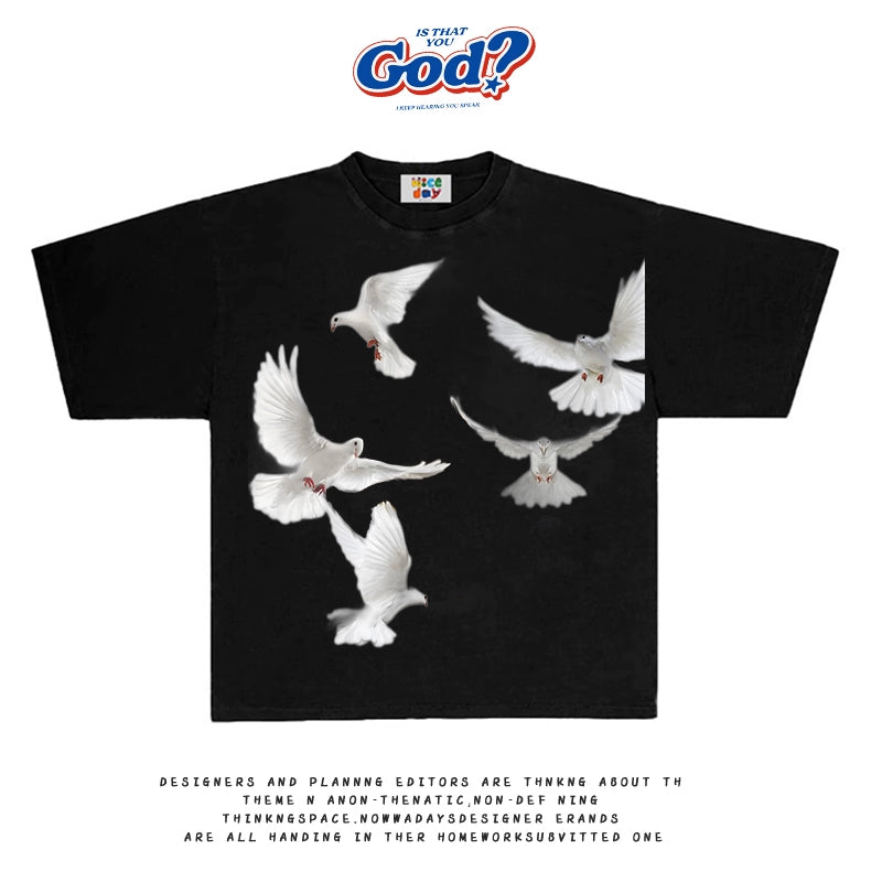 GOODGOD Peace Dove Printed Loose T-Shirt