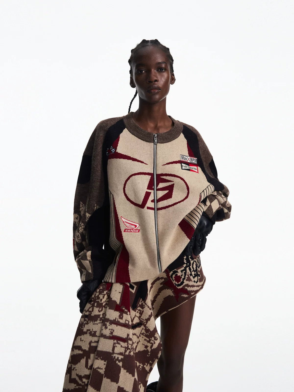 PEOPLESENSE Racing Contrast Knit Round Neck Zipper Cardigan